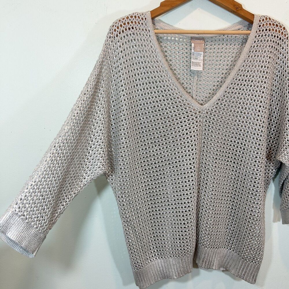 CHICOS Silver Metallic Open Mesh Knit Sweater Size Large Vacation Holiday Coasta